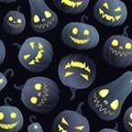 Seamless background for Halloween, different pumpkins with luminous faces on a dark background